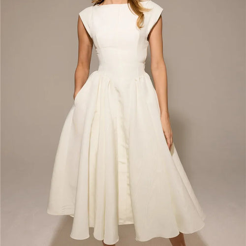 Load image into Gallery viewer, White Backless A-line Sexy Maxi Dress For Women Gown Solid Hollow Out Sleeveless High Waist Club Pleated Dress Elegant
