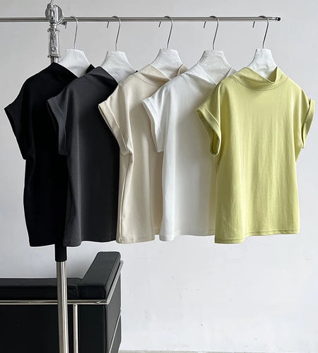 Women Yellow White Plain Color Thin Elegant T-shirt New Turtleneck Short Sleeve Fashion Tide Spring Summer 2025 1DJ0472