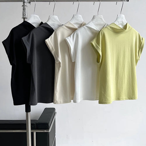 Load image into Gallery viewer, Women Yellow White Plain Color Thin Elegant T-shirt New Turtleneck Short Sleeve Fashion Tide Spring Summer 2025 1DJ0472
