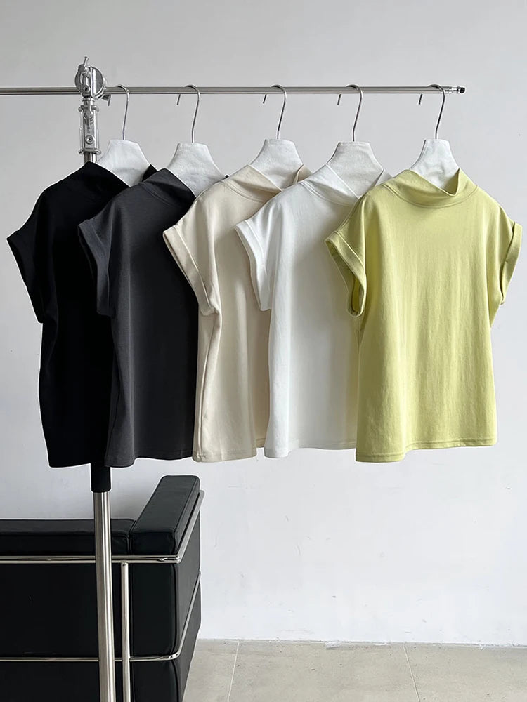 Women Yellow White Plain Color Thin Elegant T-shirt New Turtleneck Short Sleeve Fashion Tide Spring Summer 2025 1DJ0472