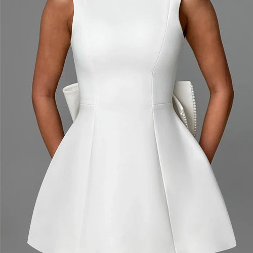 Load image into Gallery viewer, Pearl Bow Backless Sexy Mini Dress For Women Robe Fashion Zipper Sleeveless High Waist A-line Club Party Dress Elegant
