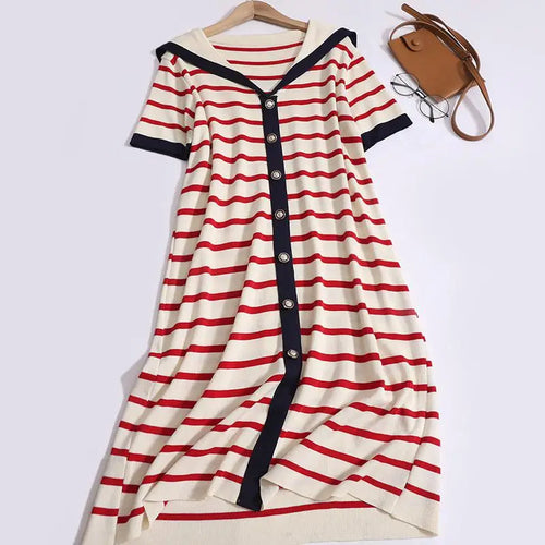 Load image into Gallery viewer, Summer Black White Striped Long Dress Women Red Patchwork Elegant Short Sleeve Fashion Single Breasted Holiday Dresses 2024 New
