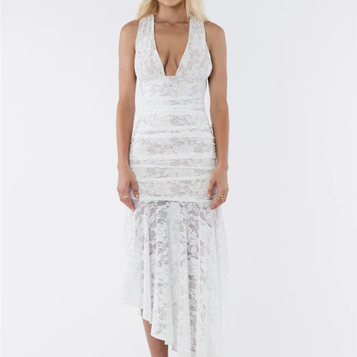 Load image into Gallery viewer, Lace Ruched Sexy Maxi Dress Women Gown White Patchwork Deep V Neck Sleeveless Backless High Waist Long Tank Dress
