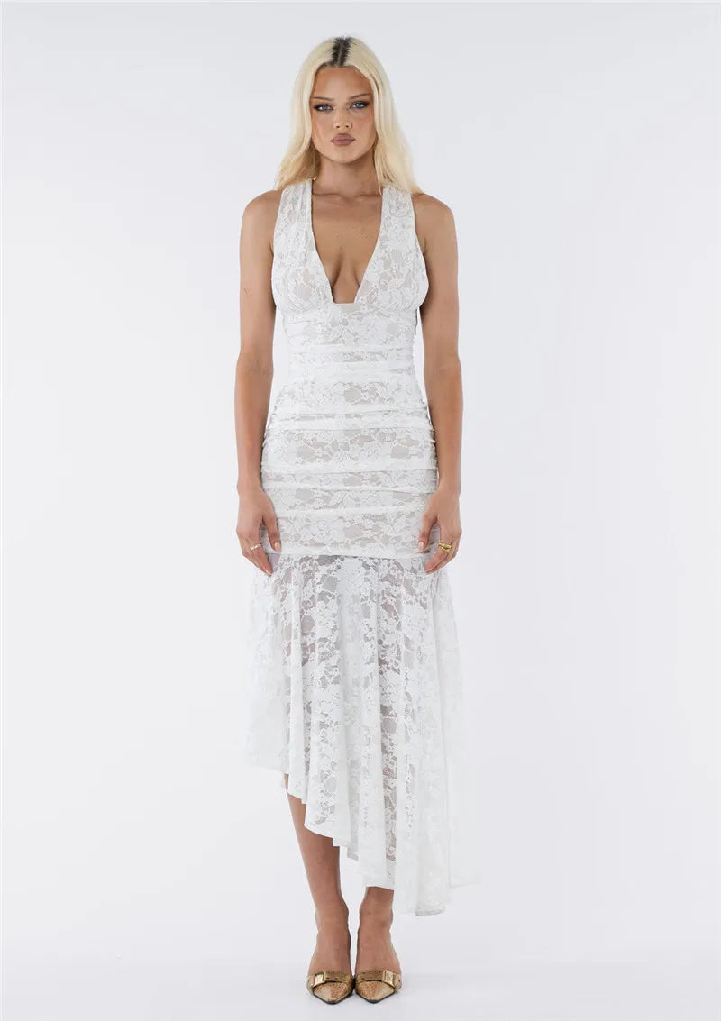 Lace Ruched Sexy Maxi Dress Women Gown White Patchwork Deep V Neck Sleeveless Backless High Waist Long Tank Dress