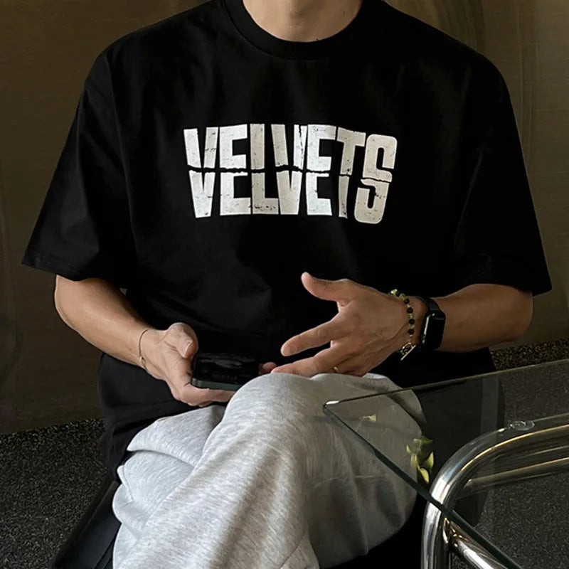 Korean Letter Printed Men's T-shirts Short Sleeve Round Neck Short Sleeve Top New Summer Loose T-shirt Trendy 9W1617