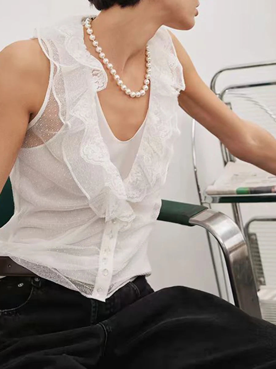 Hit Color Slimming Two Piece Sets for Women V Neck Long Spliced Embroidery Cardigan Patchwork Lace Vest Set Female