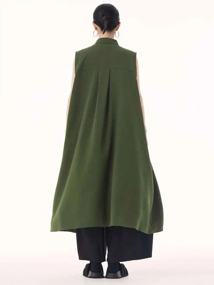 Women Army Green Hollow Out Big Size Midi Casual Dress New Lapel Sleeveless Fashion Tide Spring Summer 2025 1DH9512