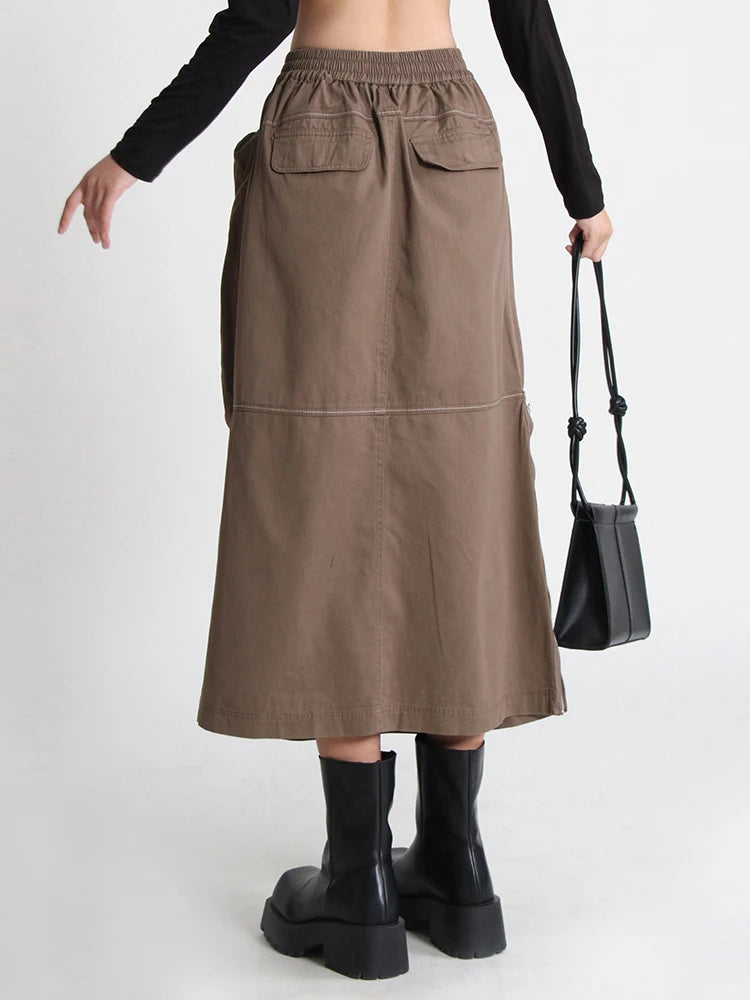 Patchwork Pocket Skirt For Women High Waist Straight Solid Streetwear Midi Skirts Female Clothing Autumn
