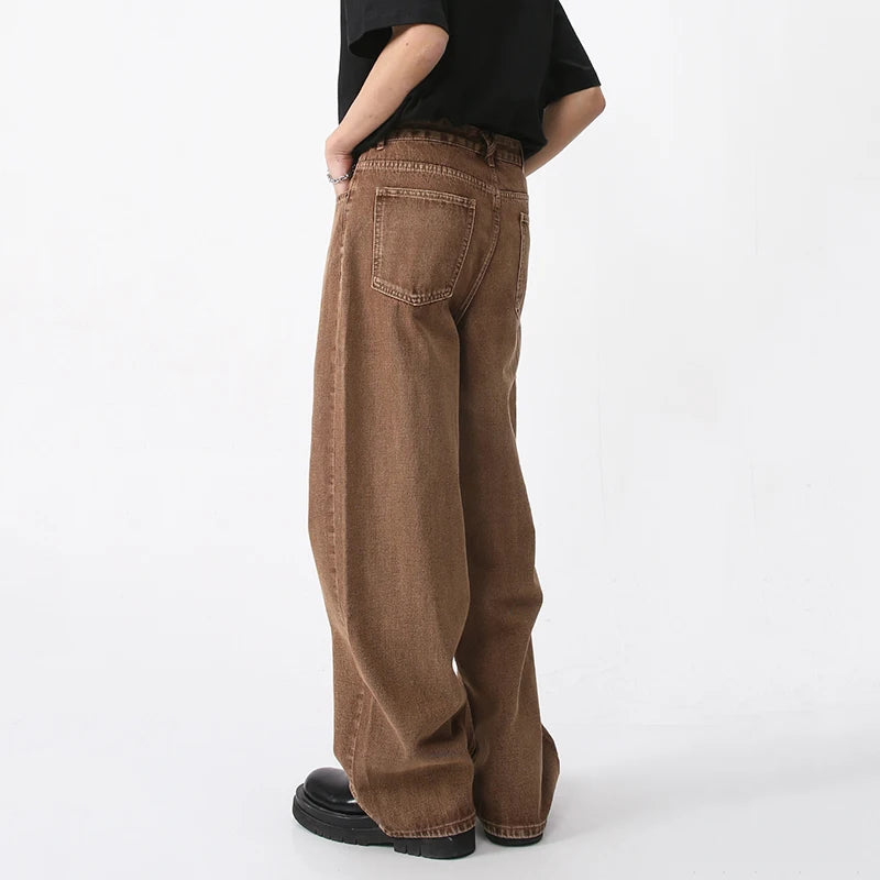 Men's Wear Coffee Casual Denim Trousers Spring Loose Simple Vintage Wide Leg Male Jeans Korean Fashion 9A6953