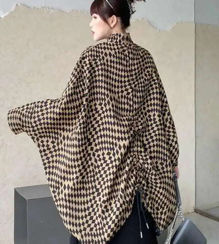 Khaki Plaid Irregular Back Drawstring Big Size Jacket New Stand Collar Women Coat Fashion Tide Spring Autumn 2025 1DF2764