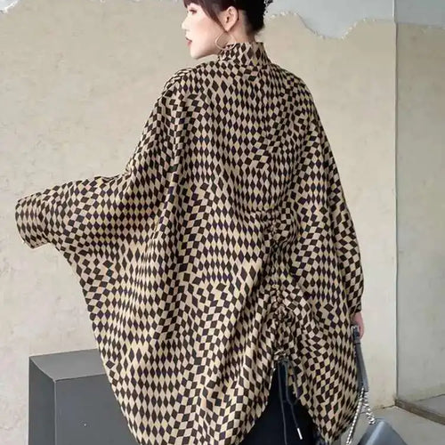 Load image into Gallery viewer, Khaki Plaid Irregular Back Drawstring Big Size Jacket New Stand Collar Women Coat Fashion Tide Spring Autumn 2025 1DF2764
