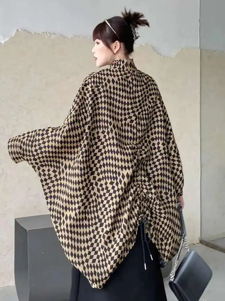 Khaki Plaid Irregular Back Drawstring Big Size Jacket New Stand Collar Women Coat Fashion Tide Spring Autumn 2025 1DF2764