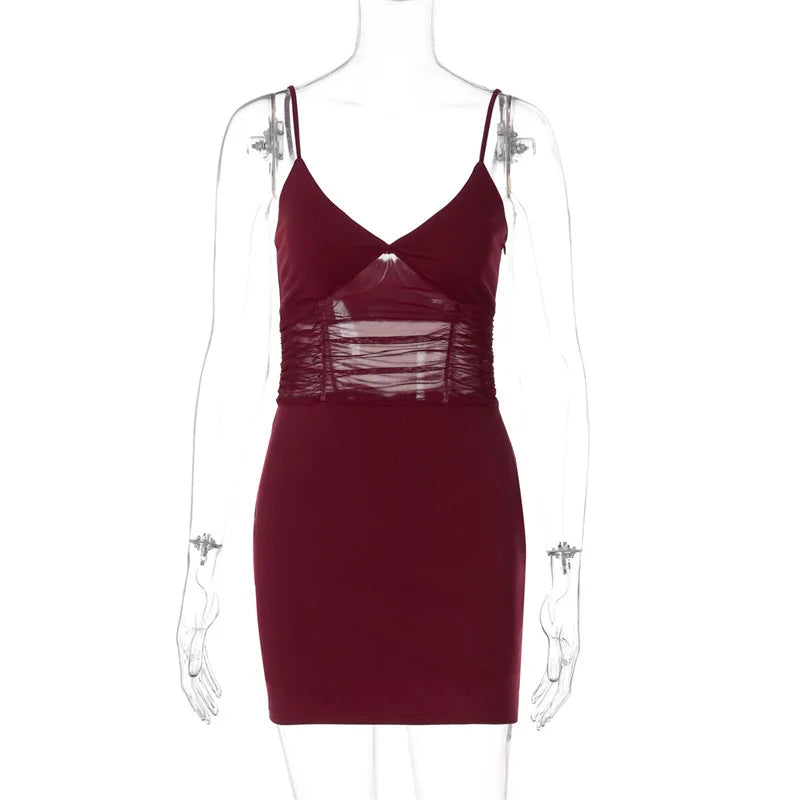 Mesh Hollow Out Backless Sexy Mini Dress Women Fashion Spaghetti Strap Sleeveless See Through Skinny Beach Party Dress