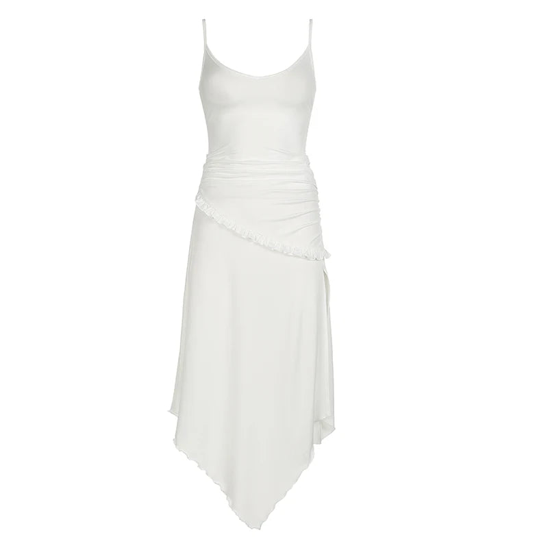 Strap Fashion Asymmetrical White Long Dress Sexy Holidays Frill Ruffles Summer Dress for Women Split Folds Sundress