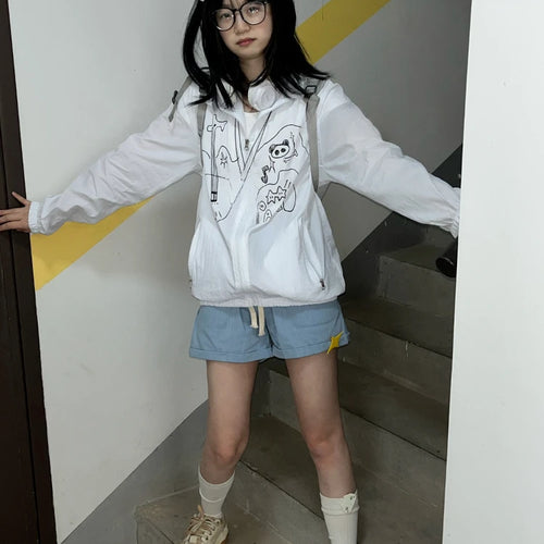 Load image into Gallery viewer, Outdoor Sun Protection Y2k Aesthetic Cartoon Jackets Women Grunge Thin Simple Hooded Coat Streetwear Casual Zipper Femme Tops
