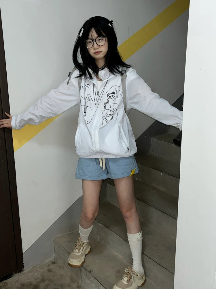 Outdoor Sun Protection Y2k Aesthetic Cartoon Jackets Women Grunge Thin Simple Hooded Coat Streetwear Casual Zipper Femme Tops