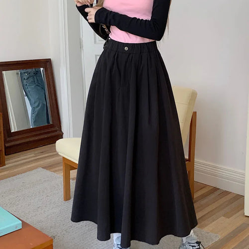 Load image into Gallery viewer, Khaki Elegant Pleated Skirt For Women Pockets Office Ladies Casual A-line Elastic High Waist Black Long Skirt 2023 Autumn Winter
