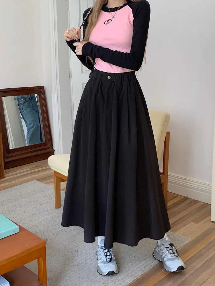 Khaki Elegant Pleated Skirt For Women Pockets Office Ladies Casual A-line Elastic High Waist Black Long Skirt 2023 Autumn Winter