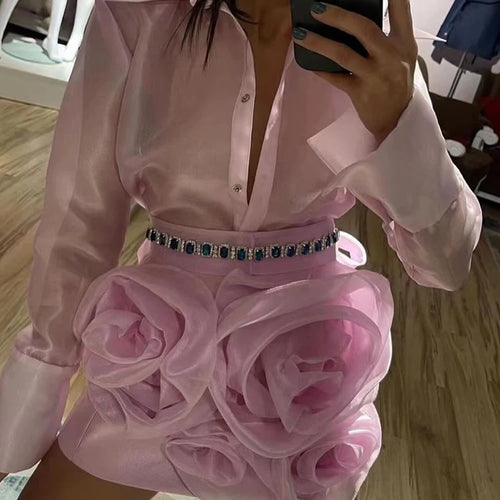 Load image into Gallery viewer, Sweet Solid Two Piece Sets For Women Lapel Long Sleeve Shirts High Waist Spliced Appliques Bodycon Skirts Slim Set Female
