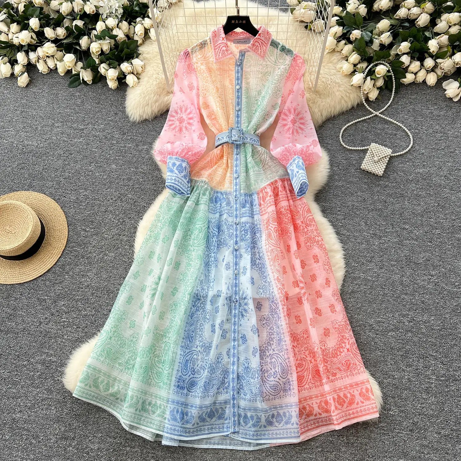 Spring Autumn 2025 New Women Fashion Rainbow Print Elegant Shirt Long Dresses Vintage Single Breasted Party Dress Bohemian Trend