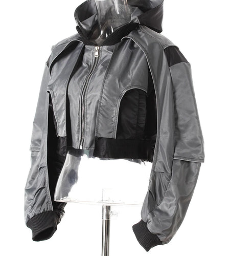 Gray Color-block Pleated Big Size Short Jacket New Hooded Long Sleeve Women Coat Fashion Tide Spring Autumn 2025  7AB4742