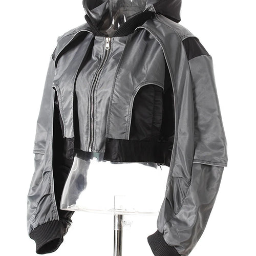 Load image into Gallery viewer, Gray Color-block Pleated Big Size Short Jacket New Hooded Long Sleeve Women Coat Fashion Tide Spring Autumn 2025  7AB4742
