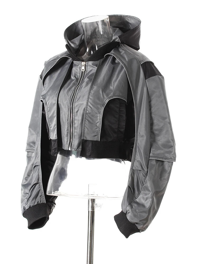 Gray Color-block Pleated Big Size Short Jacket New Hooded Long Sleeve Women Coat Fashion Tide Spring Autumn 2025  7AB4742