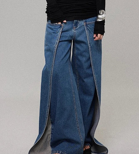Loose Design Sense Minimalist Jeans for Women High Waist Spliced Pockets Fashion Wide Leg Jean Female Clothing New