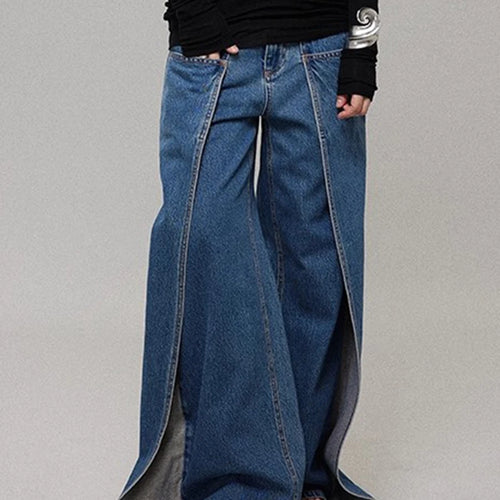 Load image into Gallery viewer, Loose Design Sense Minimalist Jeans for Women High Waist Spliced Pockets Fashion Wide Leg Jean Female Clothing New
