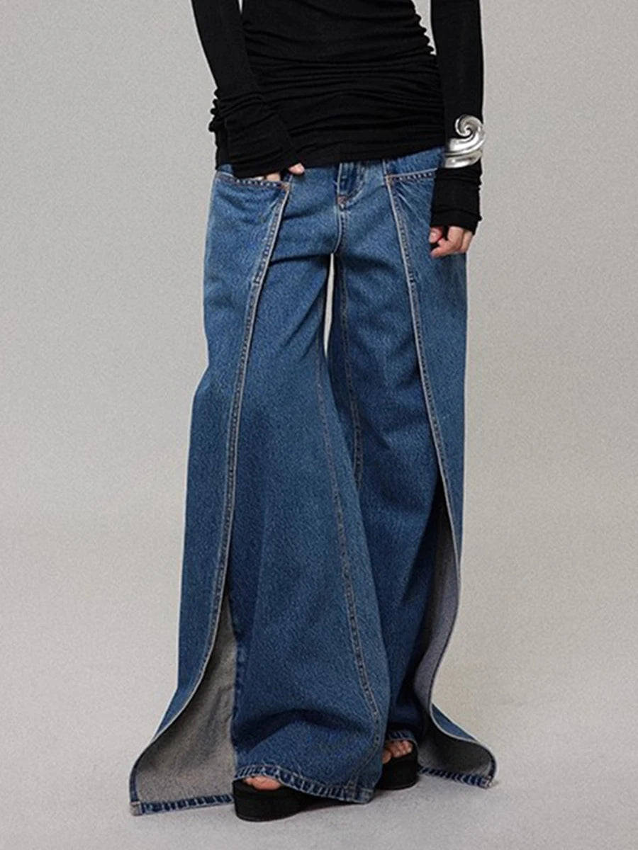 Loose Design Sense Minimalist Jeans for Women High Waist Spliced Pockets Fashion Wide Leg Jean Female Clothing New