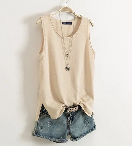 With thin round neck knitted cotton vest, girls' sleeveless loose split bottomed top in summer