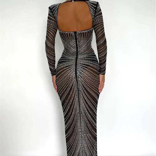 Load image into Gallery viewer, Glitter Mesh See Through Party Maxi Dress For Women Fashion Full Sleeve Bodycon Sexy Club Long Evening Dress Vestido
