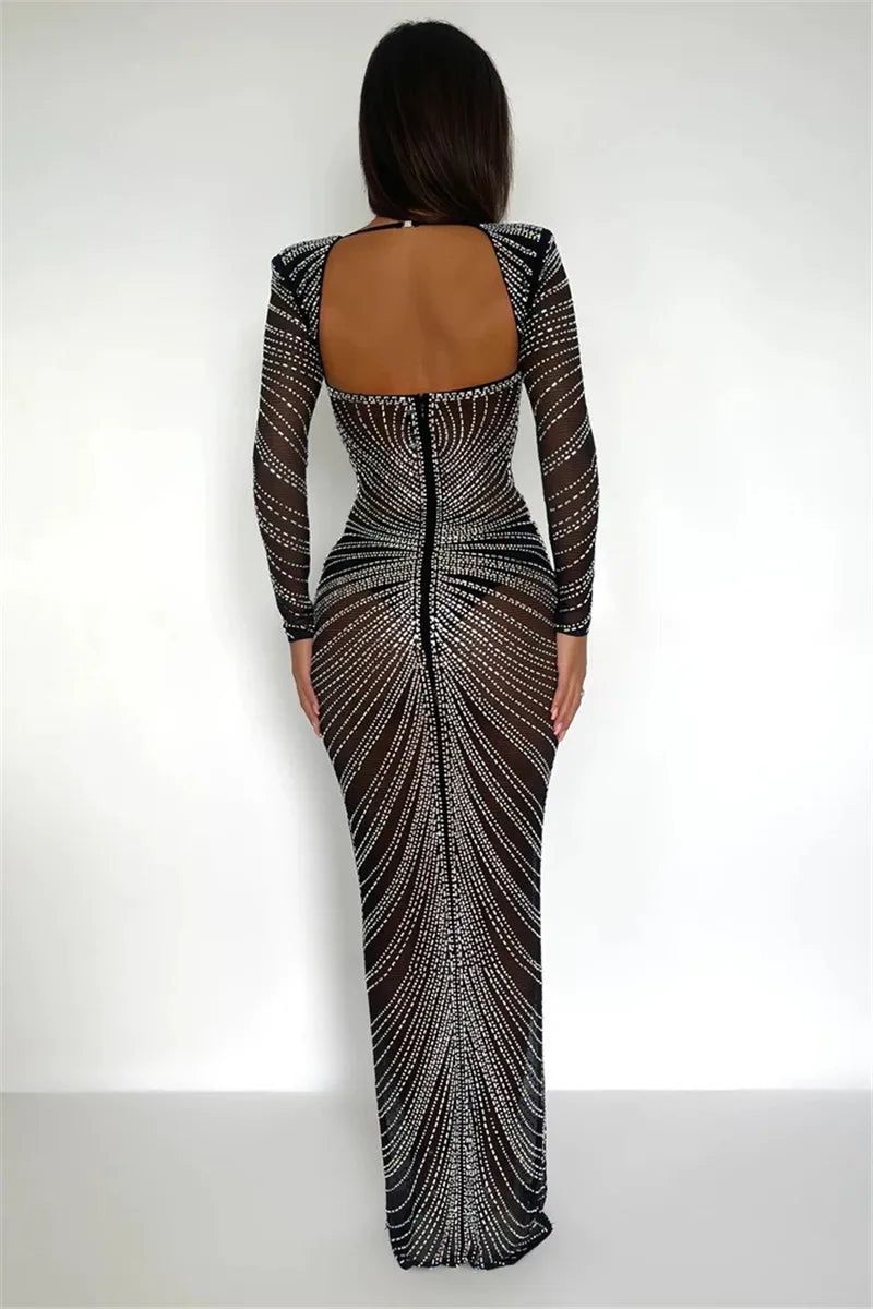 Glitter Mesh See Through Party Maxi Dress For Women Fashion Full Sleeve Bodycon Sexy Club Long Evening Dress Vestido