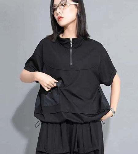 Women Yellow Pocket Drawstring Big Size T-shirt New Turtleneck Short Sleeve Fashion Tide Spring Summer 2025 1DJ0150