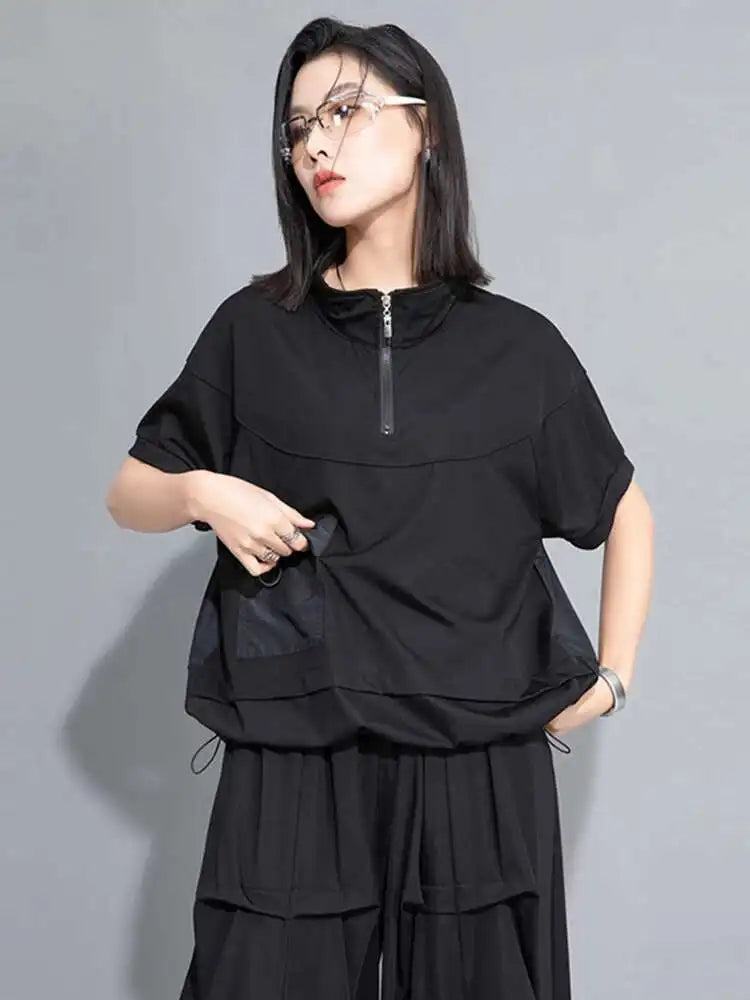 Women Yellow Pocket Drawstring Big Size T-shirt New Turtleneck Short Sleeve Fashion Tide Spring Summer 2025 1DJ0150