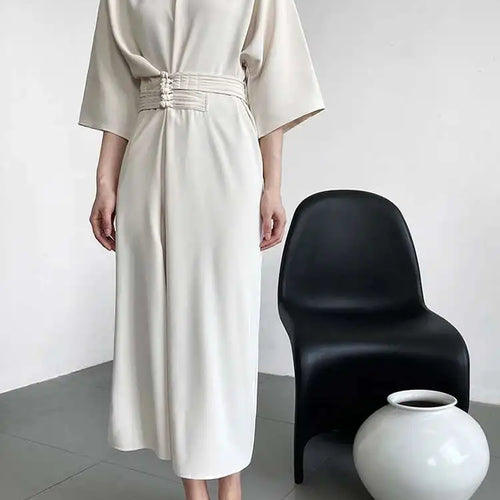 Load image into Gallery viewer, Women Black Buckle Long Elegant Dress New Round Neck Three-quarter Sleeve Loose Fit Fashion Spring Autumn 2025 1DE7880
