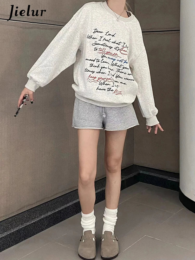 Loose O-neck Pullovers Chicly Letter Printing Warm Female Hoodies Basic Simple Casual Fashion Solid Color Women Hoodies