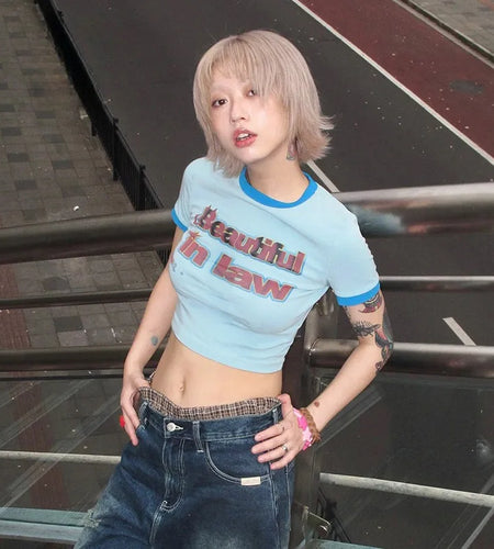 Japanese Y2k Letter Print T-shirt Vintage Harajuku Patchwork Crop Top 2000s Style Short Sleeve Tee Shirt American Retro