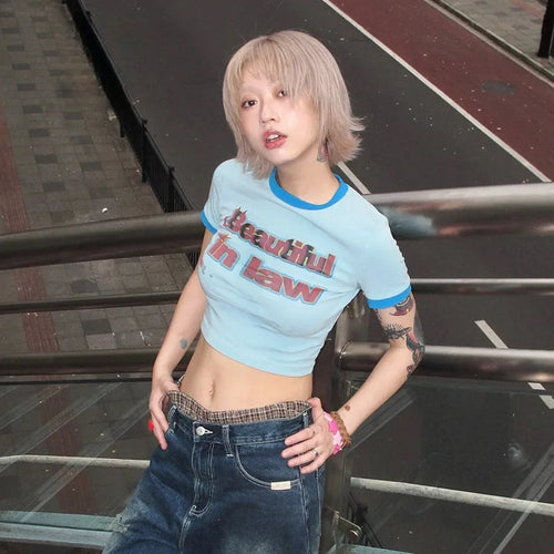 Load image into Gallery viewer, Japanese Y2k Letter Print T-shirt Vintage Harajuku Patchwork Crop Top 2000s Style Short Sleeve Tee Shirt American Retro
