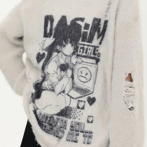 Load image into Gallery viewer, Cartoon Jacquard Japanese Grunge Sweater Women Gothic Vintage Ripped Y2k Aesthetic Jumper Streetwear Oversize Hiphop Pullover
