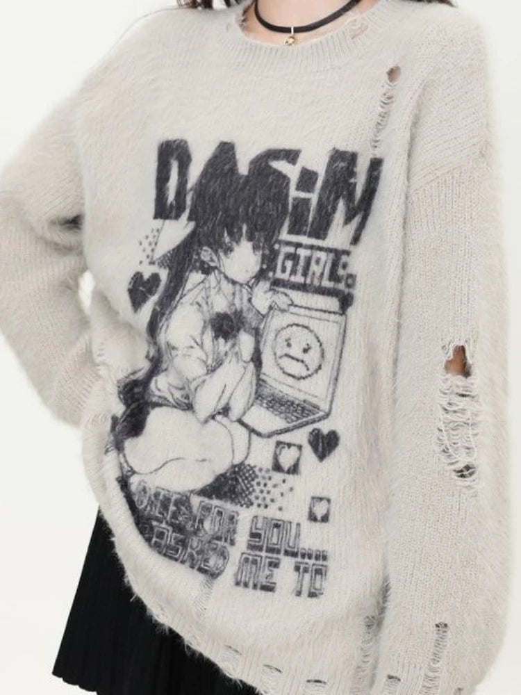 Cartoon Jacquard Japanese Grunge Sweater Women Gothic Vintage Ripped Y2k Aesthetic Jumper Streetwear Oversize Hiphop Pullover