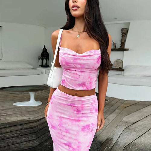 Load image into Gallery viewer, Women Fashion 2 Pcs Sets Tie Dye Swing Collar Sexy Slim Crop Camis Top Maxi Skirt Casual Outfits Streetwear Festival

