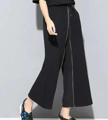 High Elastic Waist Black Zipper Two Ways Wear Long Wide Leg Pants New Trousers Women Fashion Tide Spring Autumn 2025 JS994