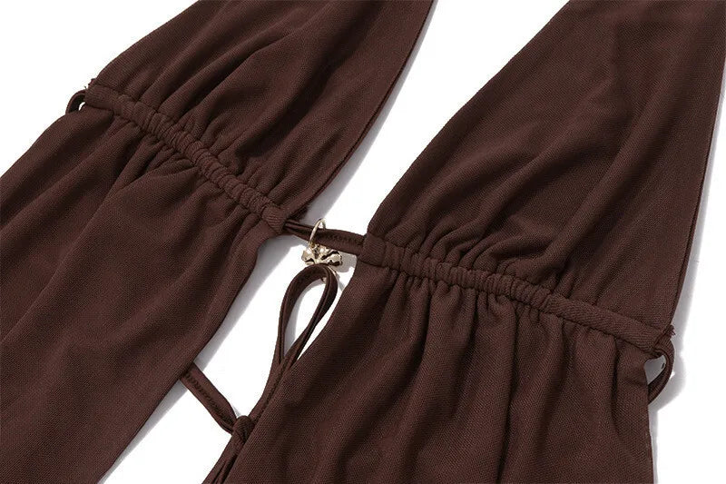Hollow Out Lace-up Sexy Skirt 2 Piece Sets Women Brown Halter Crop Tops And Maxi Skirt Female Skinny Sexy Two Piece Set