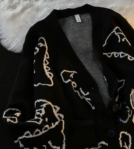 Woherb Spring Autumn V Neck Sweater Cardigans Women Dinosaur Cartoon Print Knit Cardigan Female 2025 Harajuku Knitwear Sweaters