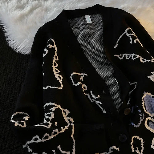 Load image into Gallery viewer, Woherb Spring Autumn V Neck Sweater Cardigans Women Dinosaur Cartoon Print Knit Cardigan Female 2025 Harajuku Knitwear Sweaters
