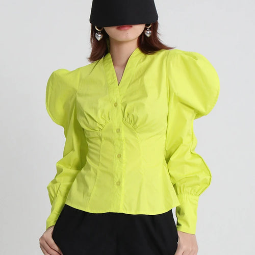 Load image into Gallery viewer, Korean Style Slim Shirt For Women V Neck Puff Sleeve Solid Minimalist Blouses Female Spring Clothing Fashion
