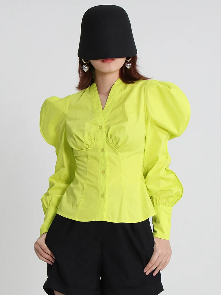 Korean Style Slim Shirt For Women V Neck Puff Sleeve Solid Minimalist Blouses Female Spring Clothing Fashion