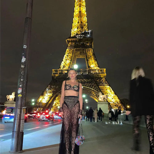 Load image into Gallery viewer, See Through Lace Two Piece Skirt Sets Women Crop Top And Maxi Skirt Sets Elegant Party Beach Sexy Two Piece Set
