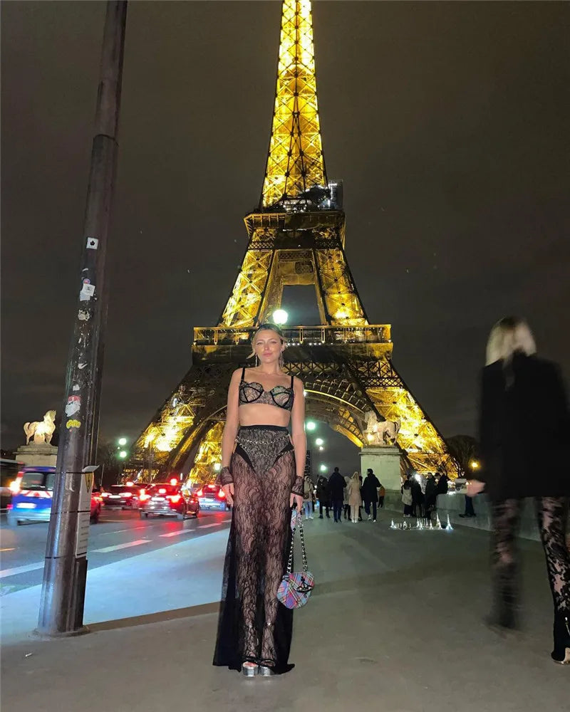 See Through Lace Two Piece Skirt Sets Women Crop Top And Maxi Skirt Sets Elegant Party Beach Sexy Two Piece Set